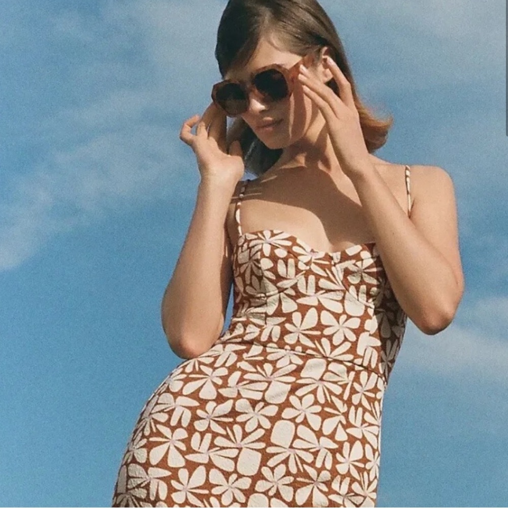 Hutch Anthropologie Floral print form fitting Midi Dress brown and cream - Picture 2 of 14